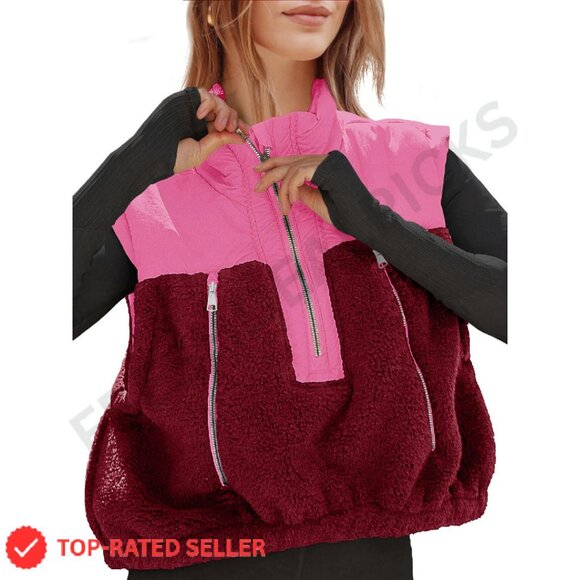 Cropped Sherpa Vest Half Zip Sleeveless Puffer Outerwear Winter Chic